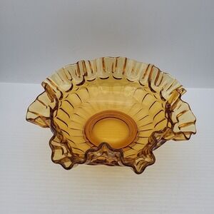 Vintage Fenton‎ Glass Amber Thumbprint 9" Ruffled Edge Center Piece Bowl